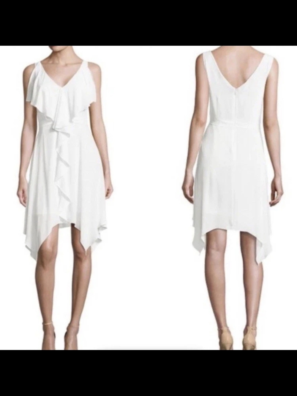 BCBGMaxAzria White Sleeveless V-Neck Ruffle Handkerchief Hem Dress 1️⃣